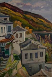 Makrinitsa, from the Steps, Houses and Mountains — Oil painting, Canvas, 38.00×55.00cm — Theodoros Markellos